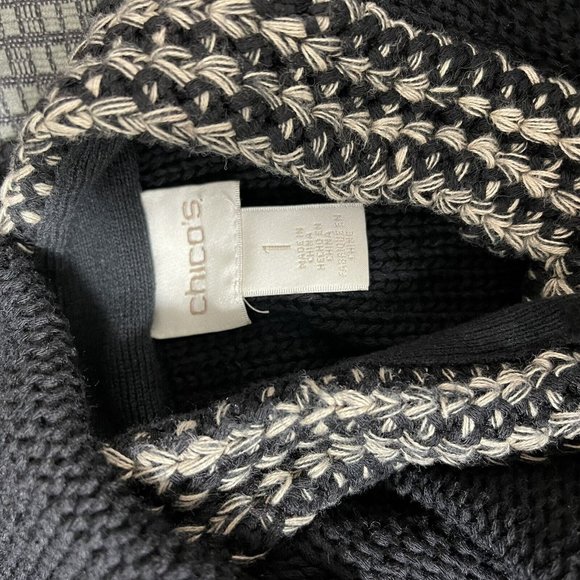 Chico's 1 Women's Arlene Cardigan Sweater black beige Cotton Size Medium Fringe - Picture 6 of 9